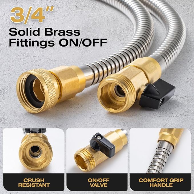 50FT Stainless Steel Metal Garden Hose - Lightweight, Kink-Free & Tangle-Free, Flexible with Brass Fittings, On/Off Valve, Pet Proof, Puncture Proof for Yard, RV, Car Washing (Silver)