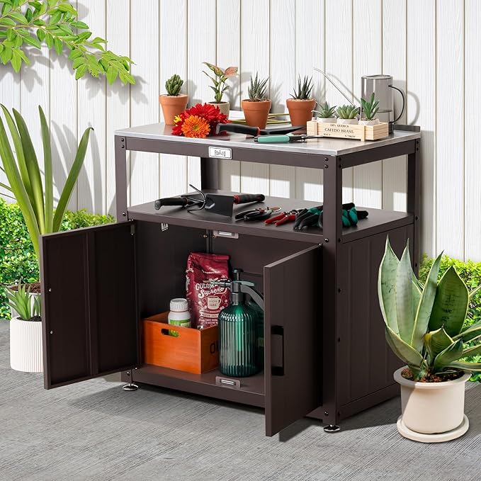 Garden Potting Bench with Storage, Outdoor Potting Table & Garden Work Bench for Plants, Horticulture, Outdoor Potting Station with Stainless Steel Tabletop, Outdoor Work Table