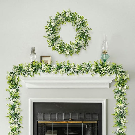 6FT Eucalyptus Garland with Flowers, 8 Pack Artificial Greenery Garland Hanging Faux Eucalyptus Garland Suitable for Table Wedding Backdrop Arch Wall Party UV Protected Indoor Outdoor Decor