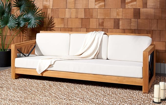 SAFAVIEH Couture Outdoor Patio Furniture Collection – Curacao 3-Seat Patio Sofa, Brazilian Teak Wood Frame with Removable White Cushions, Modern Outdoor Seating (CPT1010A)