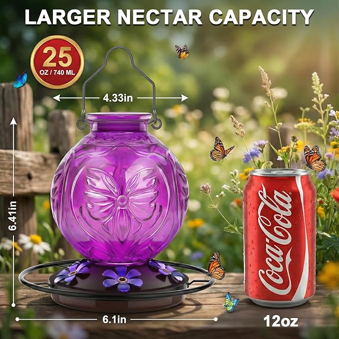 Glass Hummingbird Feeder for Outdoors Hanging, 25Oz Humming Bird Nectar Feeders with Perch & 5 Flower Feeding Ports, Leak Proof for Outside Garden Decor, Gifts for Women (Purple)