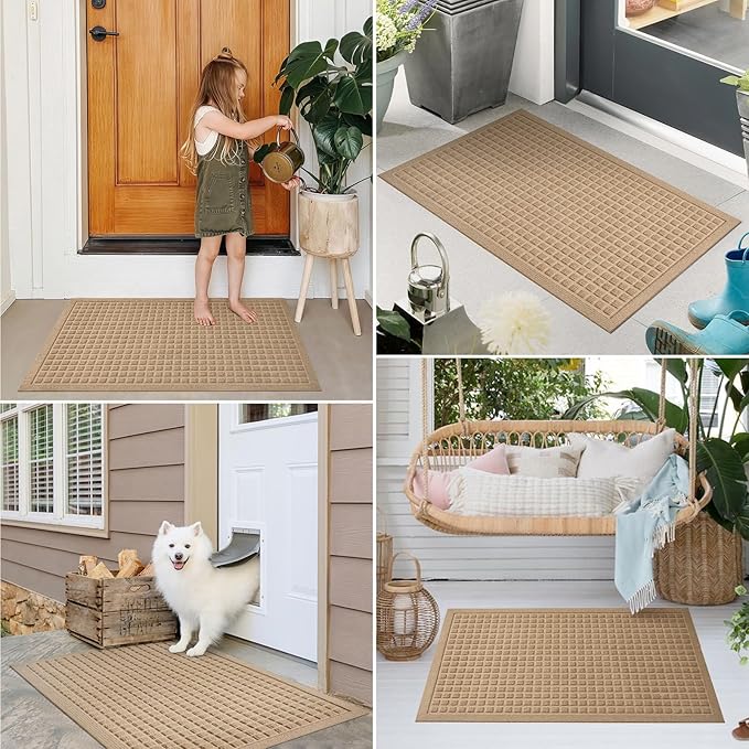 PLEASOR Front Door Mat Indoor Outdoor Entrance, Dirt Resistant and Absorbent Doormat, Sturdy Non-Slip Backing Entry Mat, Fade Resistant, Easy Clean Low-Profile Entryway Mat, 36x24, Beige