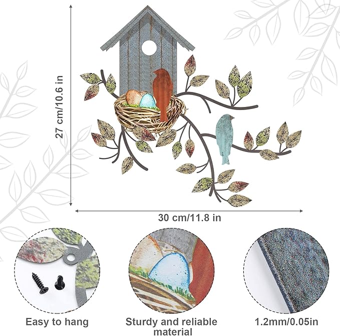 Peryiter Birds Wall Metal Decor for Outdoor Art Hanging Metal Tree with Birdhouse for Living Room Tree Leaf Wall Decor for Indoor Outdoor Garden(Brown, Blue)