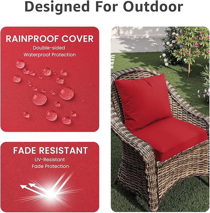 Outdoor Chair Cushions 20 x 20 x 3 Inch, Waterproof & Fade Resistant Patio Seat Cushion for Furniture with Handle and Ties, Thick Seating Pads for Outside Sofa Couch Set of 2, Red