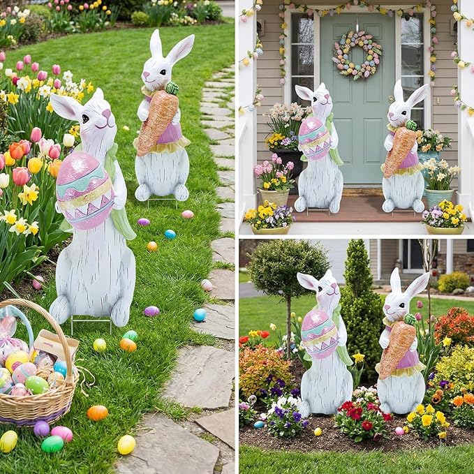 2 PCS Large Easter Decorations Outdoor Easter Yard Signs Easter Yard Decorations with Metal Stakes Bunny Decorations Easter Outdoor Garden Sign Waterproof Lawn Signs for Pathway Walkway