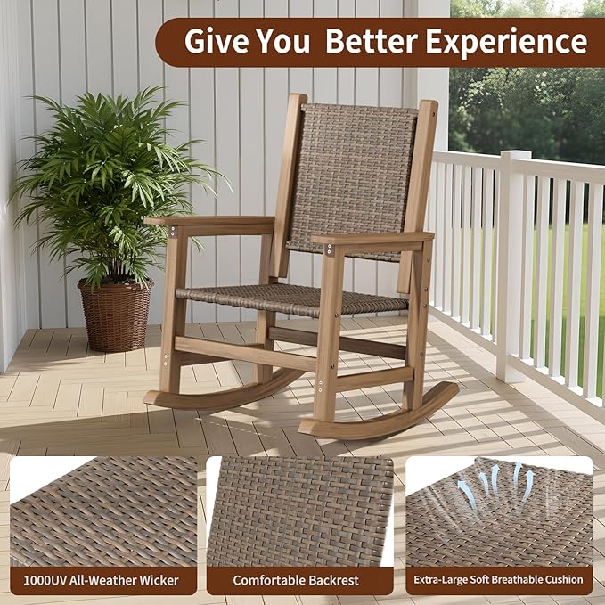 Rocking Chair Outdoor 1 PCS, Wicker Rocking Chair for Outside, Woven Seat & Back, All Weather Ratten Outdoor for Porch, Garden, Lawn, and Balcony (Brown)