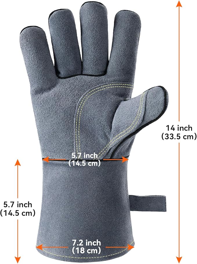 OZERO Welding Gloves for Men, 14-Inch Cowhide Leather Heat Resistant Work Gloves, EN388 EN407 EN12477 Type A Certified, Reinforced Palm, Insulated Lining, Long Cuff for BBQ Grill Oven, Black-gray