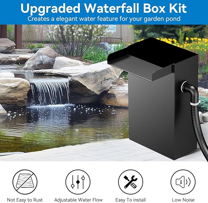 POPOSOAP Pond Waterfall Spillway with Pump Kit, 304 Stainless Steel Waterfall with Filtration & 660GPH Pond Pump & 9.8FT Tubing Outdoor Fountain Kit for Garden,Backyard Decor,13.4" H x 8"W-P432