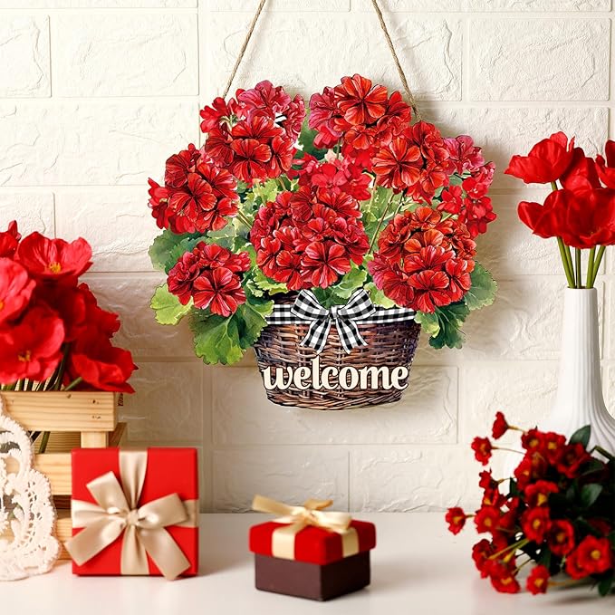 Yookeer Summer Red Geranium Door Sign Welcome Summer Geranium Flower Sign Wood Wall Decor Rustic Hanging Doors Signs Farmhouse Wooden Hanging Plaque for Home Front Door Garden Porch Patio