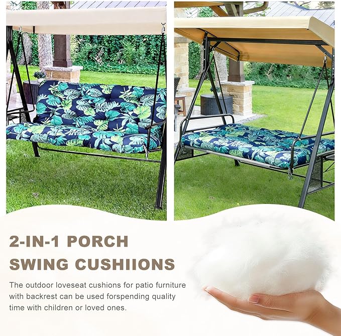 Porch Swing Cushion with Backrest,Waterproof Bench Cushion for Outdoor Furniture,2-3 Seater Replacement Thickened Swing Cushion with Ties,Patio,Outdoor,Backyard and Garden (Floral Navy,60x40")
