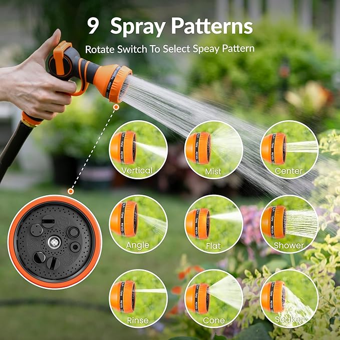 Giraffe Tools Garden Hose 25FT Lightweight Lay Flat Water Hose Kink Free Flexible Hose with 9 Spray Function Nozzle, Black