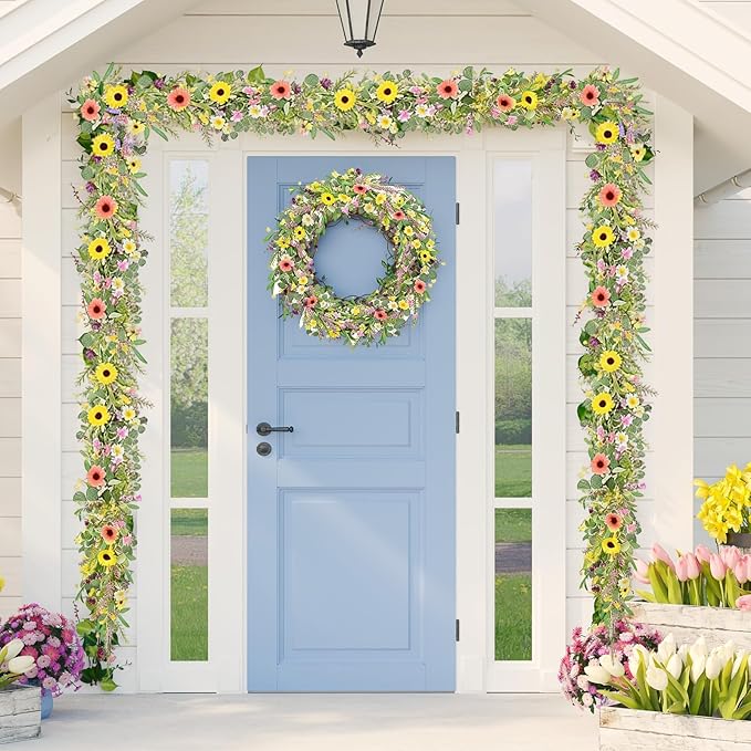 6.5 Ft Summer Flower Vine Garlands Artificial Wildflower Wisteria Lavender Daisy Spring Garland Not Withering Floral Wreath Garland All Year Round Home Decor for Indoor Outdoor Home Wedding Arch