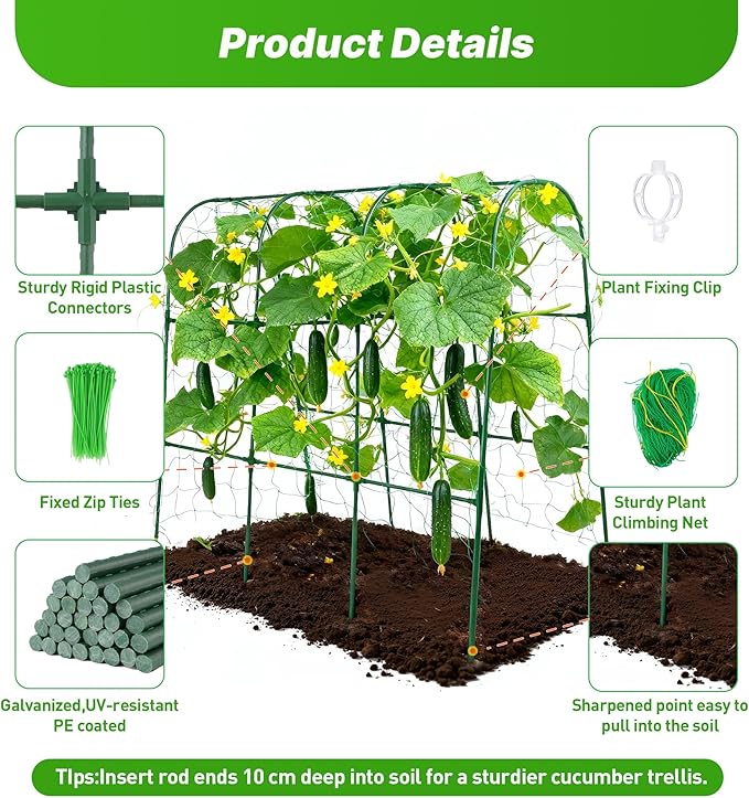 Cucumber Trellis for Raised Garden Bed,U-Shape Plant Support Metel Trellis for Climbing Plants Arch Trellis with Netting for Outdoor Cucumbers, Tomatoes, Vine Climbing Plant(63''X32''x47.2''(LxWxH))