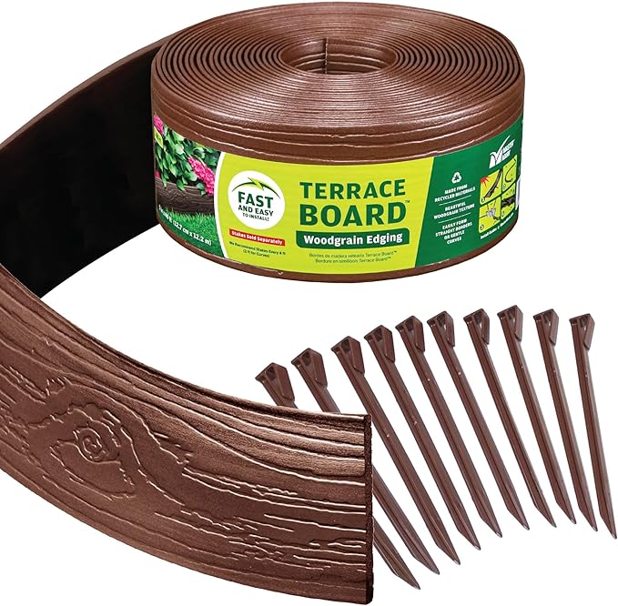 Master Mark Landscape Edging Coil (Terrace Board), 40 ft. x 4 in. Tall, Plastic Garden Edging Border with 10 Stakes, Brown