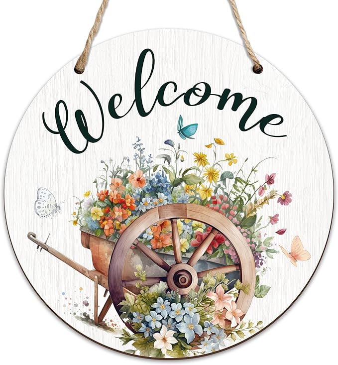 Spring Hanging Decor For Front Door, Wildflowers Welcome Spring Round Sign Decor For Farmhouse Home Yard Porch, Hello Spring Decorations, Spring Wall Plaque Gifts For Friends Family -08