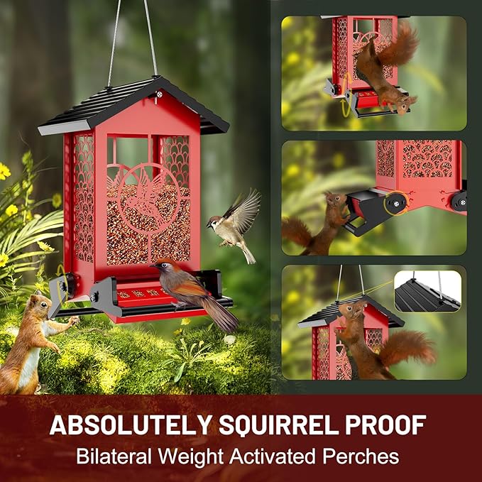 Squirrel Proof Bird Feeder for Outdoors Hanging with Solar Light, 5LB Capacity Metal Feeders, Bilateral Weight Activated Perches, Four Sided Hollow, Ideal for Bird Lovers
