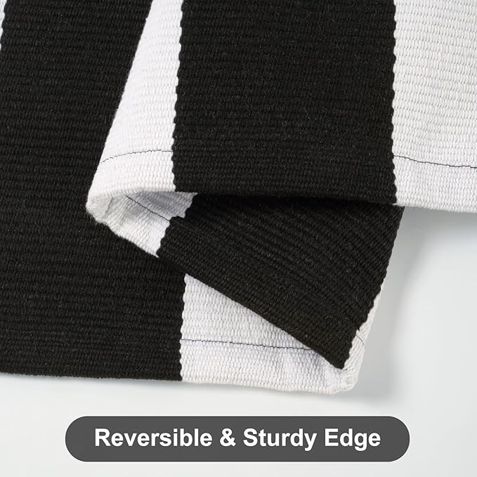 Striped Outdoor Rug 3'x5', Cotton Hand Woven Front Door Mat,Washable Reversible Outside Porch Rug, Foldable Layered Doormat for Entryway/Home Entrance/Farmhouse(Black and White)