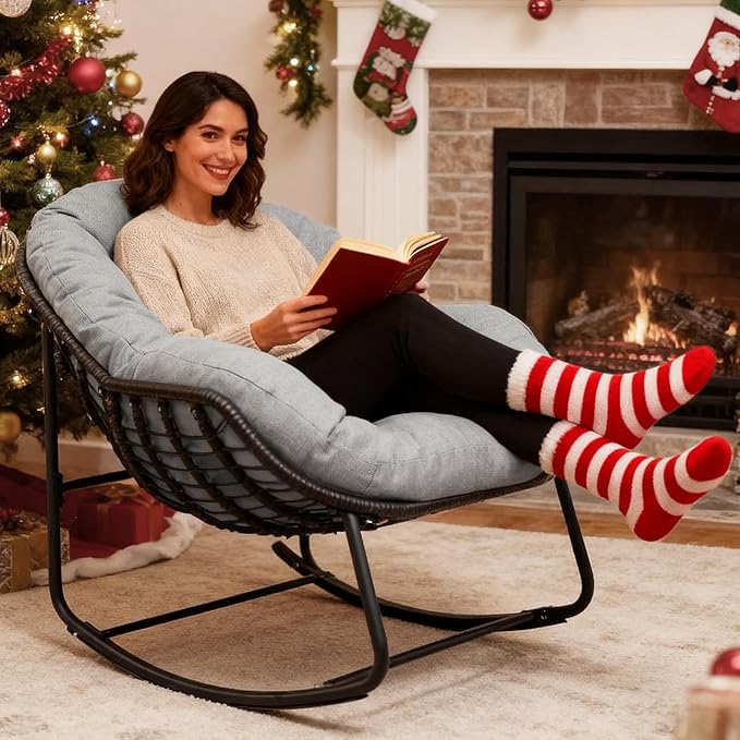 Oversized Rocking Chair Outdoor, Rocking Papasan Chair, Patio Egg Chair with Padded Cushion, Outdoor Wicker Rocking Chair for Front Porch, Garden, Patio (Light Grey, 1 Piece)