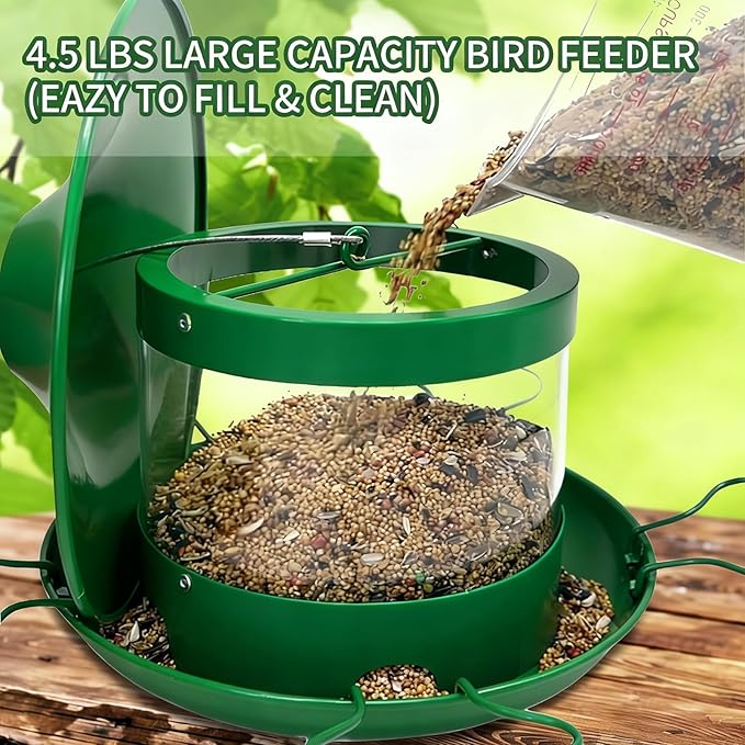 Metal Bird Feeder for Outdoors, Large Capacity Weatherproof Rustproof Wild Bird Feeder with Drainage, Easy to Clean Anti-Squirrel Hanging Feeder for Garden Décor, Nature Green