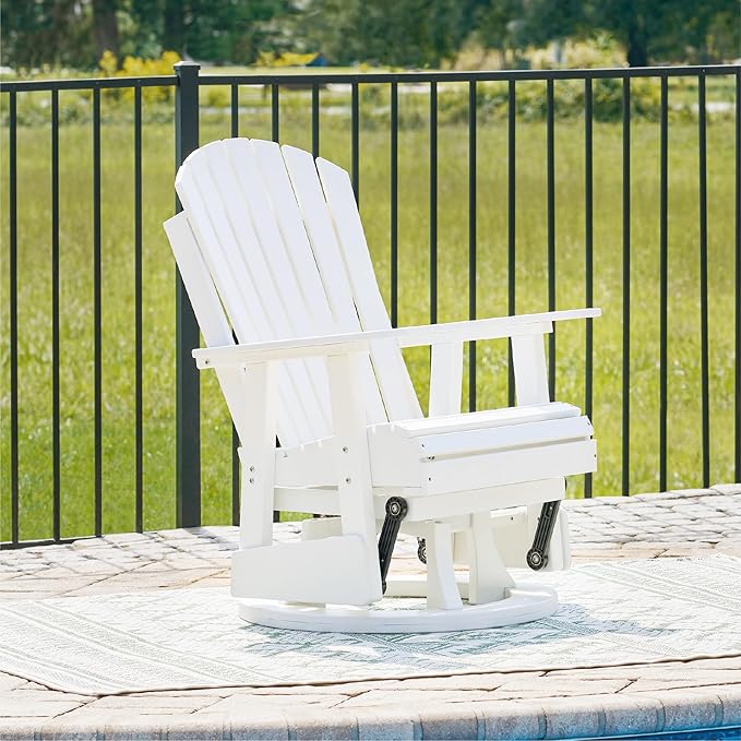 Signature Design by Ashley Hyland Wave Outdoor Casual Swivel Glider Adirondack Chair with 360-Degree Swivel, Weather Resistant HDPE, 18" Seat Height, White