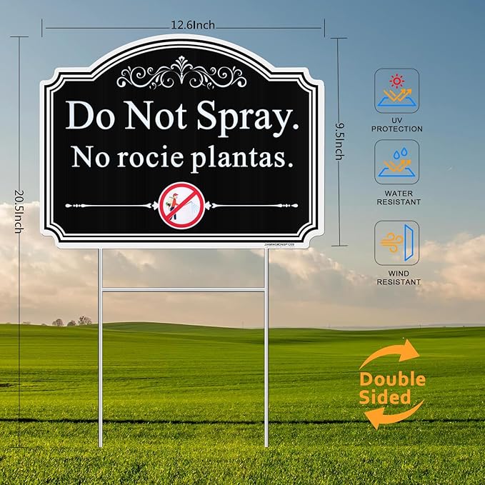 Do Not Spray Yard Signs in English and Spanish. 2 Pack 12.6" x 9.5" No Pesticide Garden Sign, No Spray Bilingual Plant Sign for Yard with Metal Stake, UV Protected, Weatherproof, Easy to Mount.