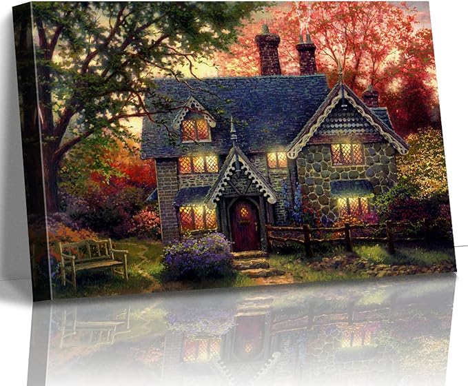STUDIO HAVEN Thomas Kinkade Canvas Wall Art, Autumn Evening Flower Garden Cozy Glow and Wooden Bench Oil Painting Poster Rustic Landscape Wall Decor, Framed Prints for Home Decor, 24x16Inch