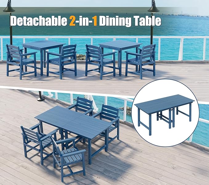 Anbuy Patio HDPE Dining Table Set, 7-Piece Outdoor Dining Table Sets, 2 in 1 Convertible Table and 6 Outdoor Chairs Outdoor All-Weather Furniture Set Blue