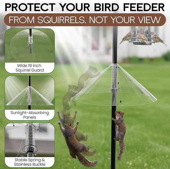 Premium Squirrel Baffle for Bird Feeder Pole Chew Proof Squirres Guard with Spring for Better Defense 19 Inch Outside Mount for Bird Feeders Raccoon Rodent Stopper Garden Accessories Backyard