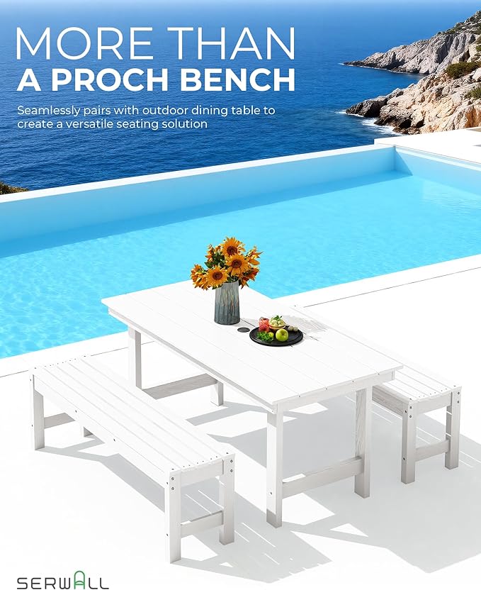 SERWALL 47 Inches Outdoor Bench, All Weather HDPE Backless Bench with Wood Grain Texture for Garden Porch and Park, Curved Bench Seat for Comfort, White
