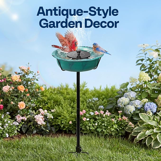 VIVOHOME Bird Bath with Solar Fountain for Outside, Weather-Resistant ABS Birdbath Bowl with Solar Powered Pump, Metal Ground Stake for Outdoor, Garden, 1.45 Gallons, Green