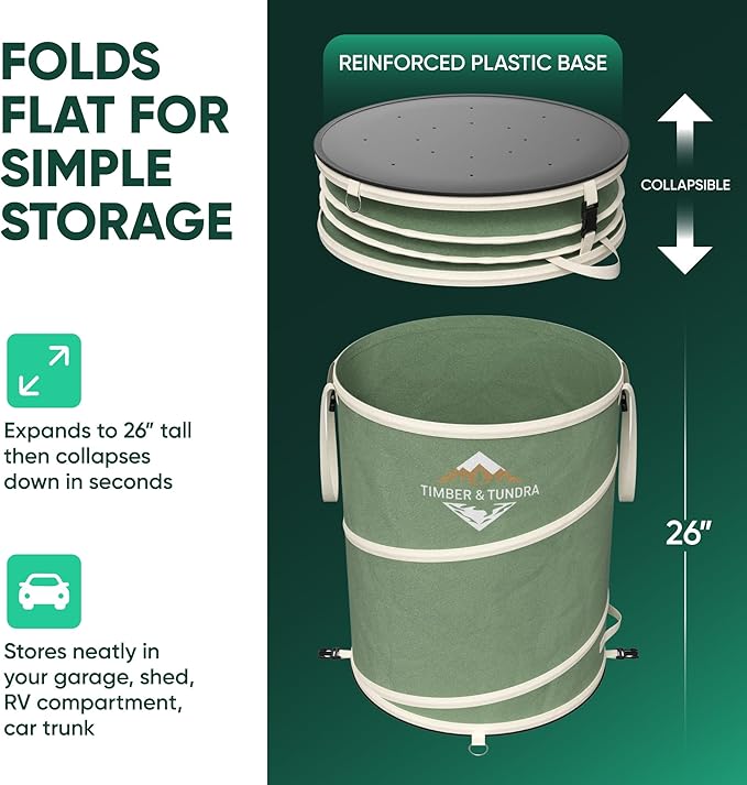 Timber & Tundra 40-Gallon Collapsible Trash Can Set of Two with Stakes, Gardening Gloves and Kneeling Pads | Pop Up Trash Can for Camping