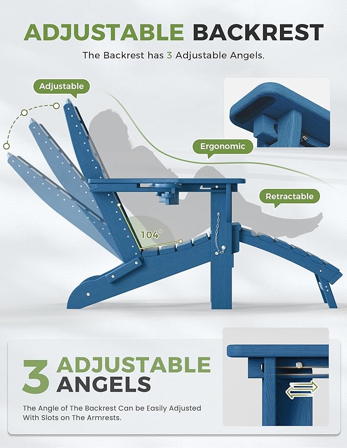 Ciokea Folding Adirondack Chair with Retractable Ottoman Fire Pit Patio Chair with Pull Out Foot Rest Weather Resistant Lawn Outdoor Lounge Chair with 2 Cup Holder (Navy Blue)