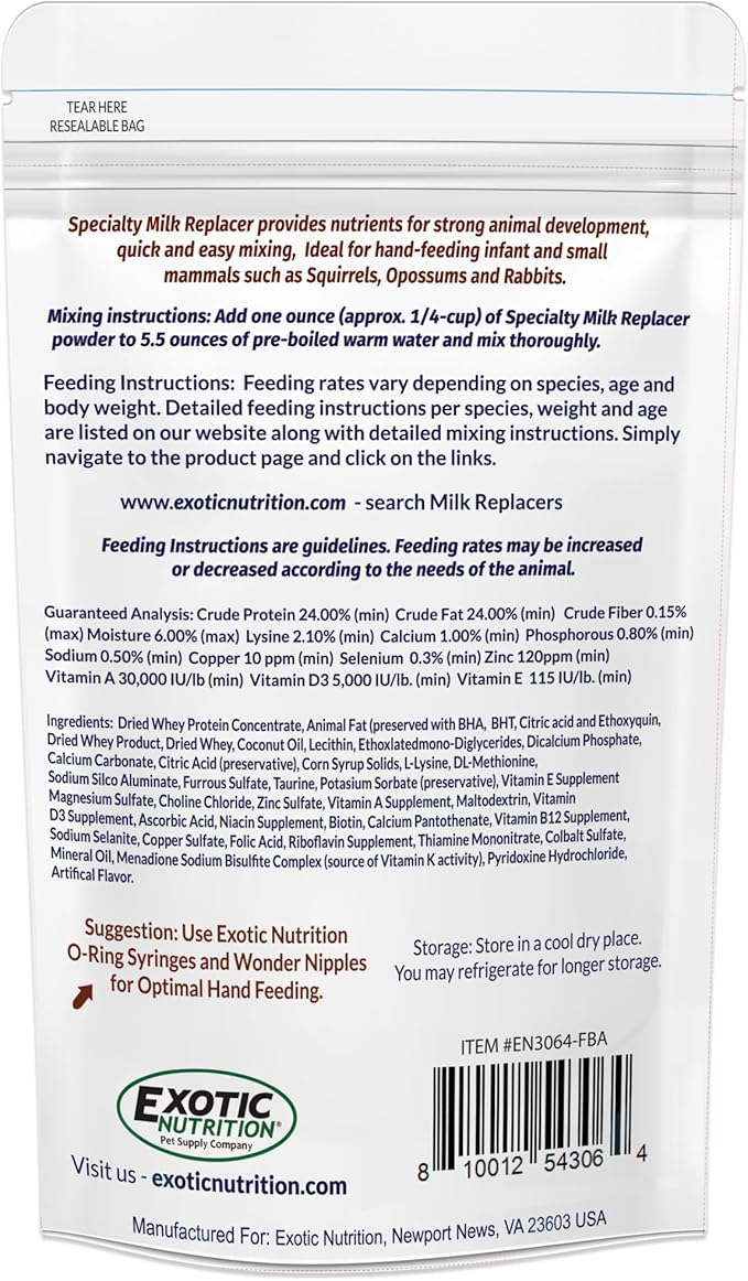 Exotic Nutrition Baby Squirrel Nursing Set (Expanded) - Milk Replacer, Feeding Syringes