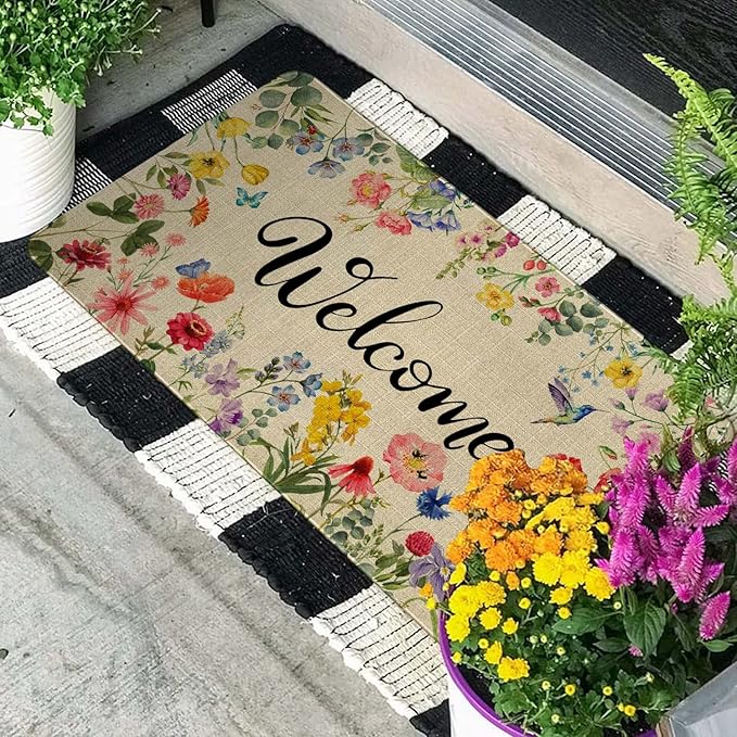 Spring Floral Decor Welcome Entrance Door Mat, Hello Summer Flower Home Decoration Non-Slip Indoor Outdoor Front Doormats Rug 17 x 30 Inch