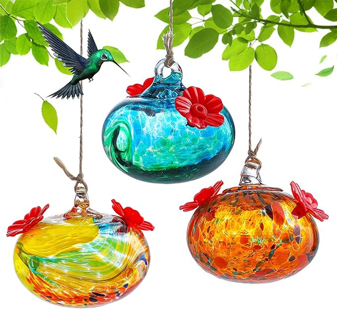 Set 3 Small Blown Glass Hummingbird Feeders for Outdoors Hanging with 2 Flower Feeding Ports 3inch Glass Humming Bird Feeders Garden Decor for Outside