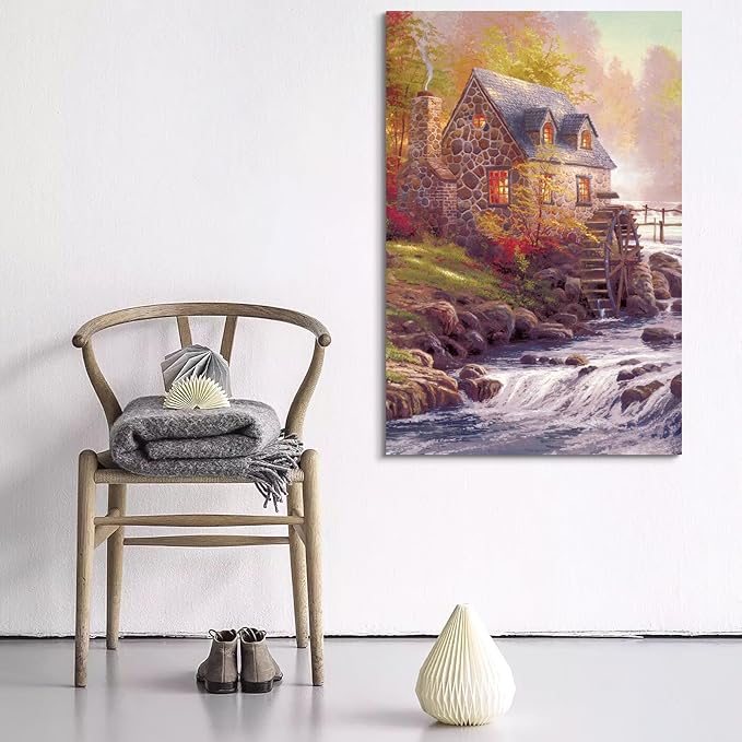 STUDIO HAVEN Thomas Kinkade Canvas Wall Art, Stone River Home Glowing Windows Water Wheel Autumn Foliage Oil Painting Poster Rustic Riverside Wall Decor, Framed Prints for Home Decor, 28x40Inch