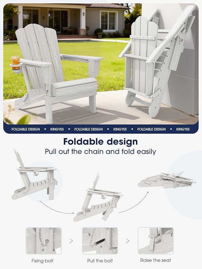 KINGYES Folding Adirondack Chair Set of 4, HDPE All-Weather Patio Chairs with Cup Holder, Wooden Textured Fire Pit Chairs for Poolside, Backyard, Deck, White