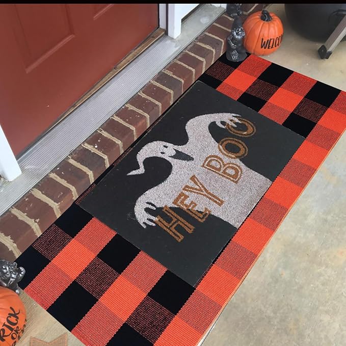 Halloween Door Mat Orange Buffalo Plaid Outdoor Rug Cotton Hand-Woven Buffalo Check Rug Layered Doormats for Front Door/Front Porch/Farmhouse/Entryway/Patio