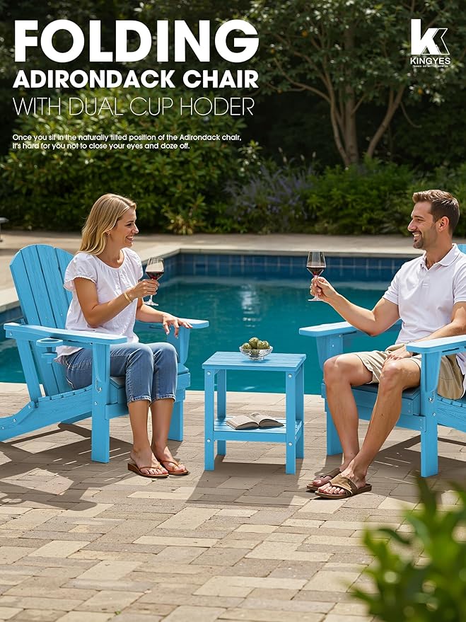 KINGYES Folding Adirondack Chair with Dual Cup Holders - HDPE All-Weather Outdoor Chairs, Wood-Like Patio Chair for Backyard, Camping, Pool & Fire Pit, Light Blue
