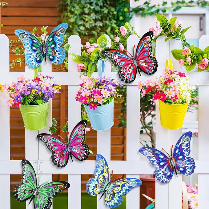 Jetec 8 Pcs Metal Butterfly Wall Decor 6.5 Inch Outdoor Butterflies Wall Art Sculpture 3D Butterfly Hanging Decoration for Spring Outside Fence Garden Yard Home Patio Balcony(Novel Style)