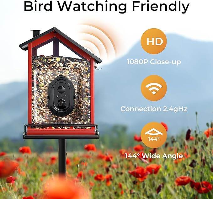 TT Nature Smart Bird Feeder with Camera Solar Powered Squirrels-Proof, AI Identify Bird Species & Instant Arrival Notification Camera, Data Security, Metal Case 3.2L Large Capacity Gift, Red
