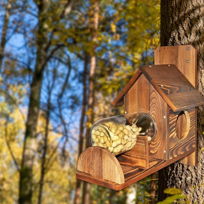 Squirrel Feeder with Ladder, Wood Squirrel Feeders for Outside, Funny Squirrel House with Nut Peanuts Storage Bottle and Corn Cob Holder, Easy to Install