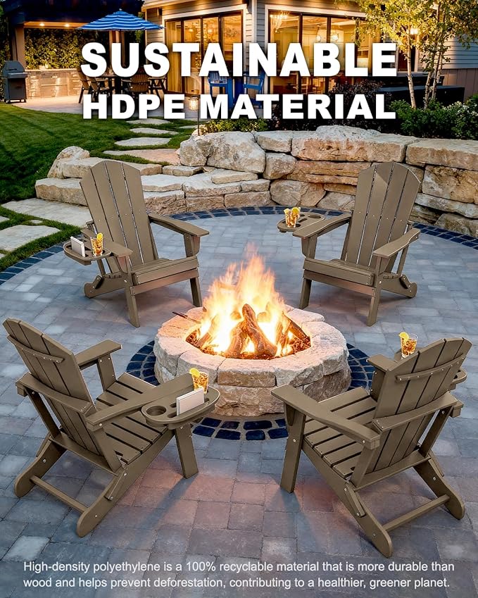 Adirondack Chair Set of 2, HDPE Folding Adirondack Chair with Multifunctional Cup Holder, Weather Resistant Fire Pit Chair for porches, patios, patios, poolsides, Decks.