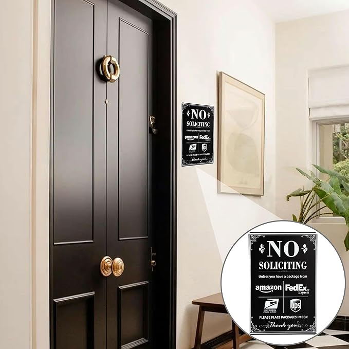 NO SOLICITING Decorative Sign Chic Metal Delivery Sign for Outdoor Yard Front Door or Indoor office Room Wall Decor to Discourage Unwanted Visitors- PLEASE PLACE PACKAGES IN BOX (Color01)