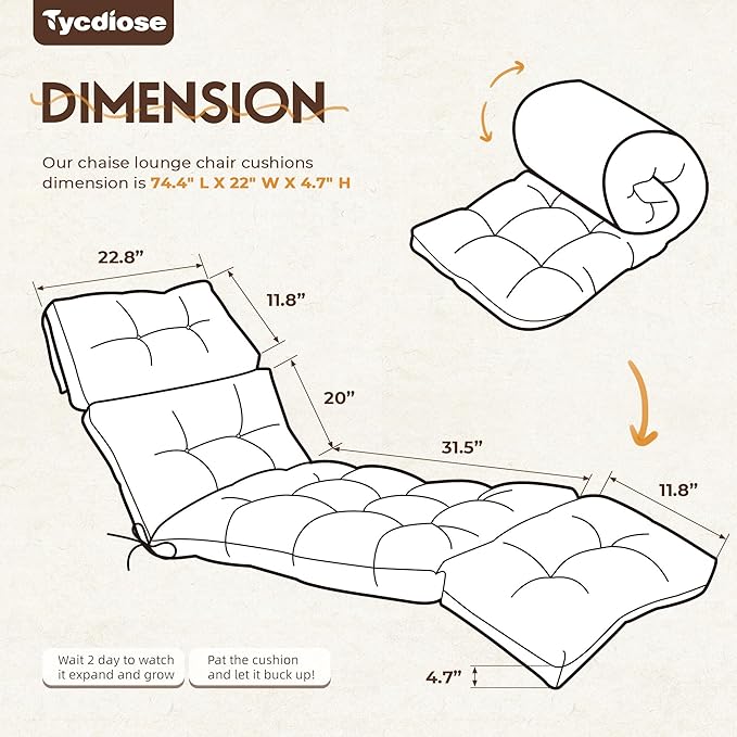 Chaise Lounge Cushions Outdoor Set of 2, 74.4 x 22 x 4.7 Inches Thickened Lounge Chair Cushions Waterproof for Outdoor Furniture with Ties, Non-Slip Patio Pool Chaise Lounge Cushions, Black