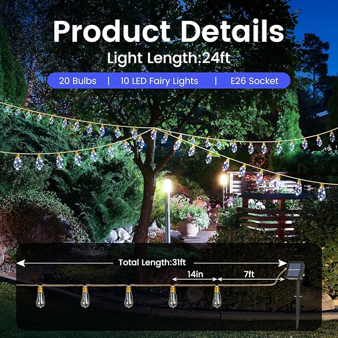 Solar String Lights for Outside, 24FT Vintage Rope Hemp Solar Outdoor String Lights with 20 Shatterproof Bulbs, Solar Powered Waterproof 8 Modes Patio Lights for Garden Fence Balcony Camping - White