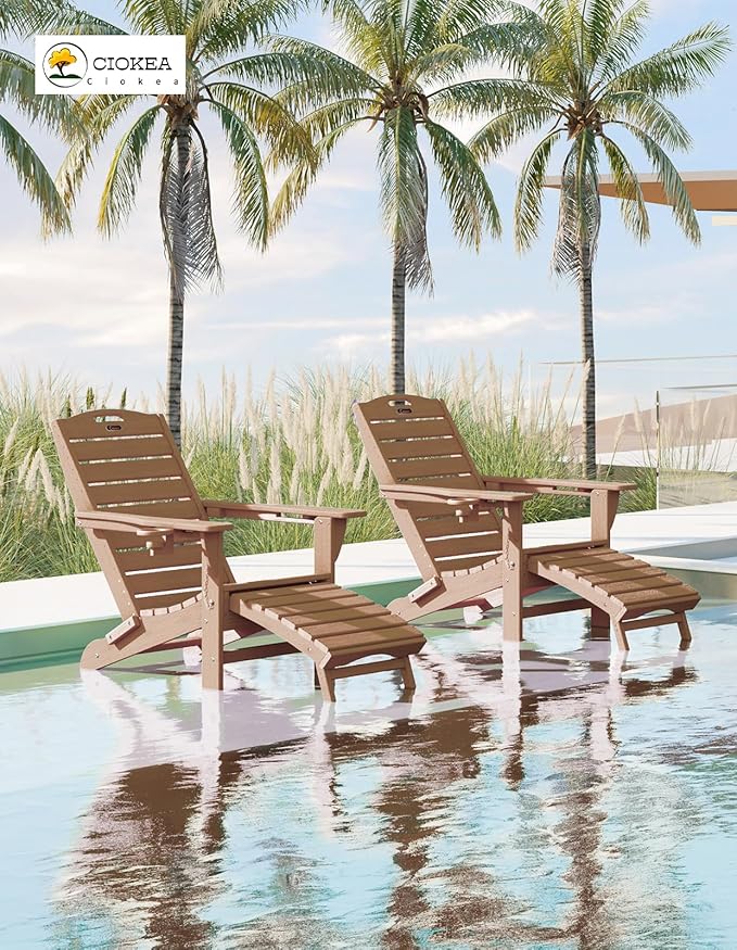 Ciokea Folding Adirondack Chair with Retractable Ottoman Fire Pit Patio Chair with Pull Out Foot Rest Weather Resistant Lawn Outdoor Lounge Chair with 2 Cup Holder (Teak)