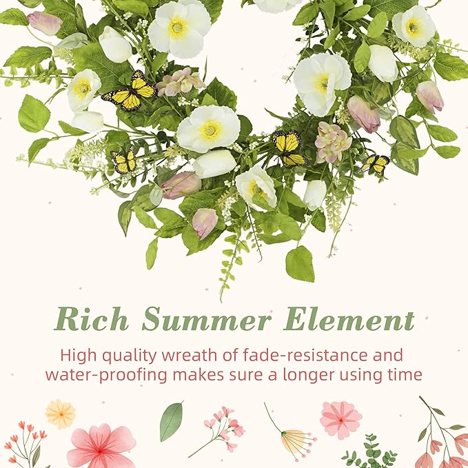 YNYLCHMX 18" Spring Summer Wreaths for Front Door, Artificial Floral Wreath with White Flower Eucalyptus Leaves Butterfly, Green Foliage Wreath for Wall Window Farmhouse Party Holiday Home Decor