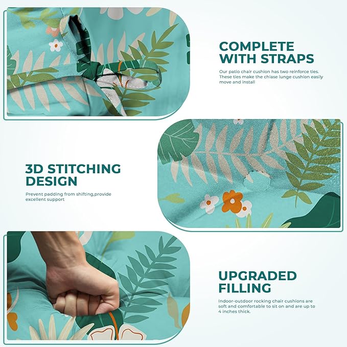 Rocking Chair Cushion, Waterproof Chairs Cushions for Adirondack Chairs Patio Couch High Back Thicked Cushions Outdoor and Indoor with Ties, Cyan Flower Leaves