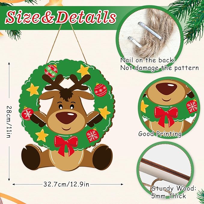 Whaline Christmas Reindeer Wooden Hanging Sign Xmas Cute Reindeer Wreath Welcome Wood Sign Holiday Door Decor Signs for Farmhouse Home Indoor Outdoor Porch Wall Office Decor